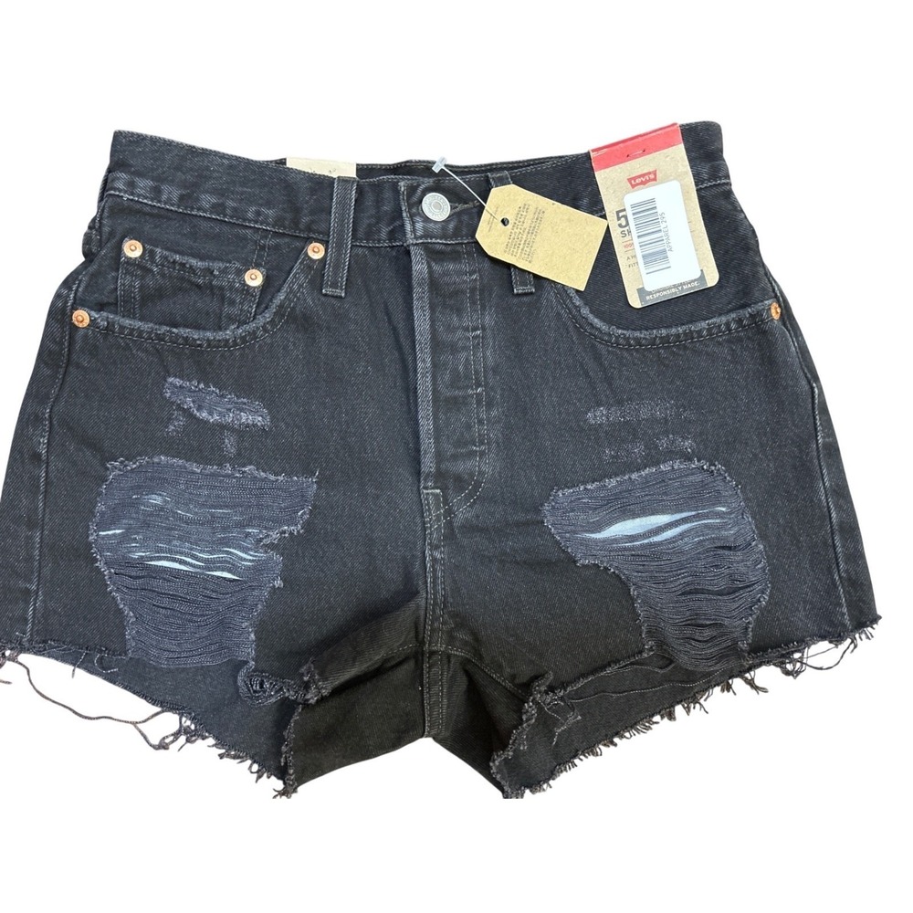 Levis 501 Original High Rise Distressed Black Denim Cut Off Shorts Size 24 NEW
